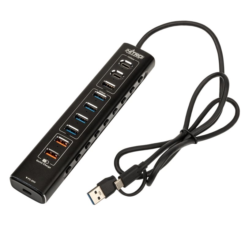 Nitro Concepts UH1 10-Port HYBRID USB HUB, USB-keskitin, musta