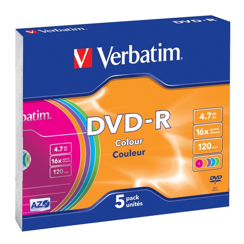 Verbatim DVD-R 4,7GB/120min, 16x, värilliset levyt, slim case, 5kpl