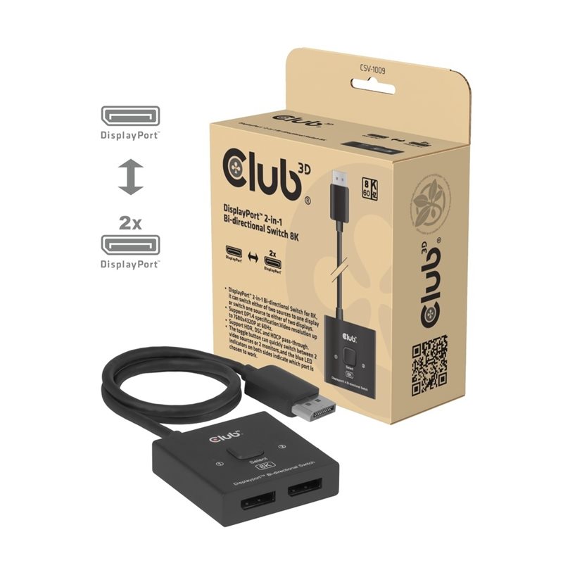 Club 3D DisplayPort 2‑in‑1 kaksisuuntainen videokytkin, 8K60 Hz, musta