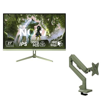 Arozzi 27" Nova IPS, 180Hz (OC) QHD -pelimonitori + Alzare Neo -monitorivarsi, metsänvihreä
