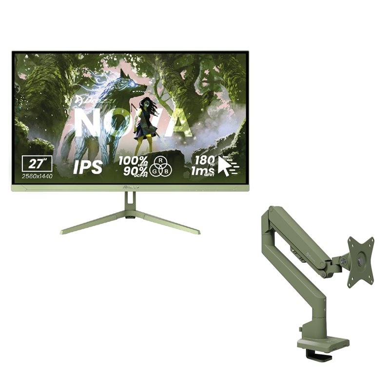 Arozzi 27" Nova IPS, 180Hz (OC) QHD -pelimonitori + Alzare Neo -monitorivarsi, metsänvihreä