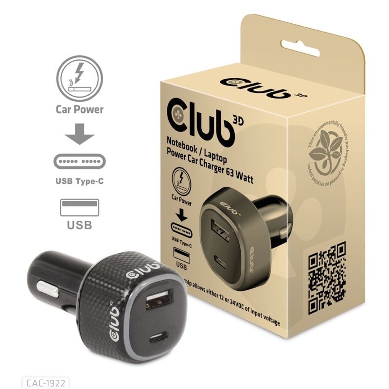 Club 3D Autolaturi, 1x USB-C, 1x USB-A, 63W, 12/24V