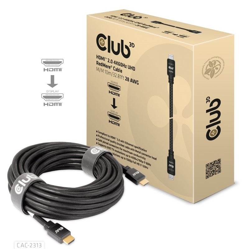 Club 3D 2.0 HDMI -näyttökaapeli, RedMere, 10m, musta