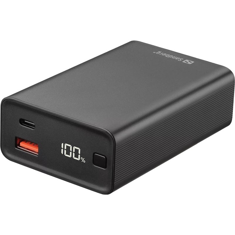 Sandberg 20 000 mAh Travel Powerbank, USB-C PD 65W, USB-A, musta