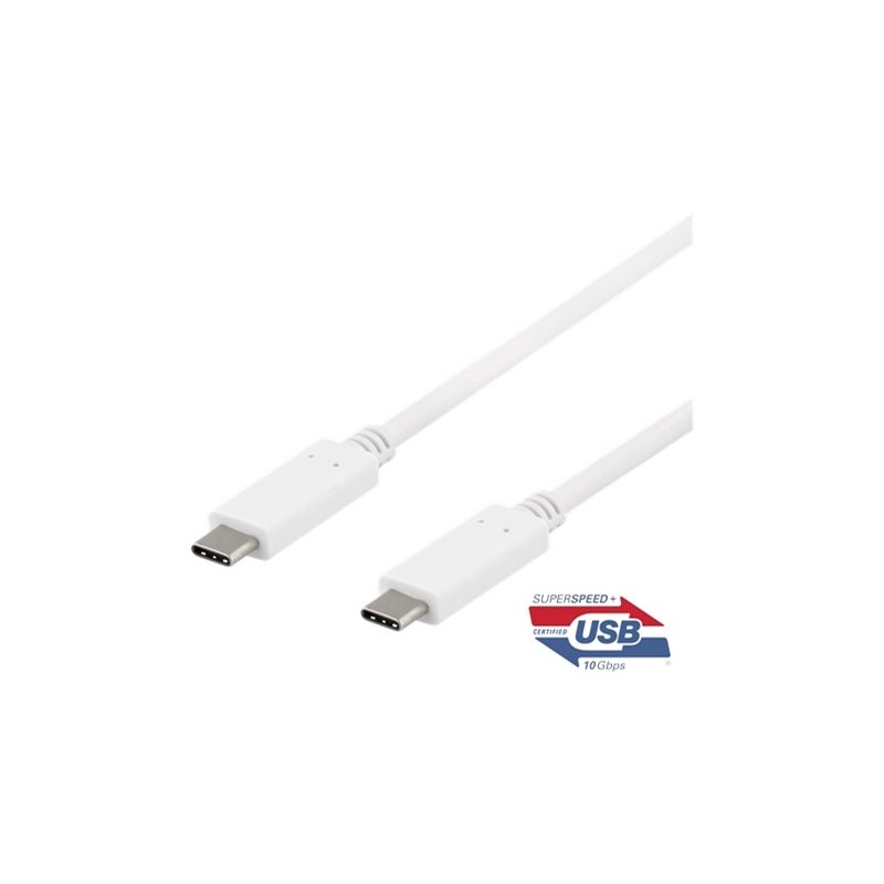 Deltaco USB-C 3.1 Gen 2 -kaapeli, 10Gbps, PD3.0 5A 100W, 1m, valkoinen