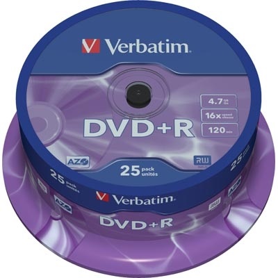 Verbatim DVD+R, 16x, 4,7 GB/120 min, 25-pakkaus spindle, AZO