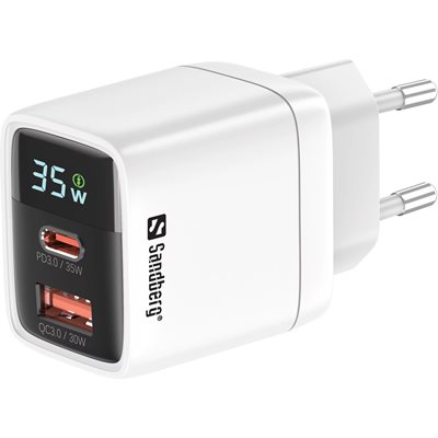 Sandberg 35W GaN-verkkovirtalaturi, USB-C PD3.0, USB-A QC3.0, valkoinen