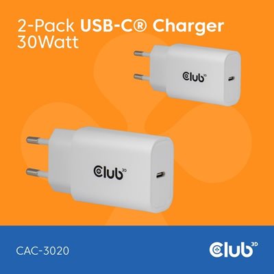 Club 3D 30W GaN-verkkovirtalaturi, USB-C PD3.0, valkoinen, 2 kpl