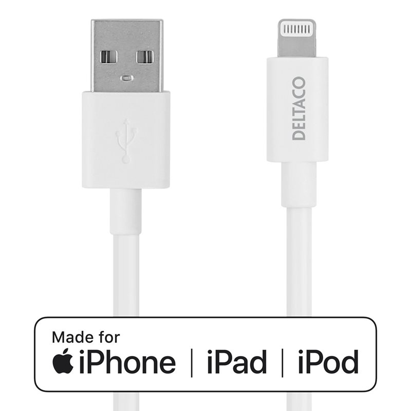 Deltaco Lightning - USB-A -kaapeli, MFI, 1m, valkoinen