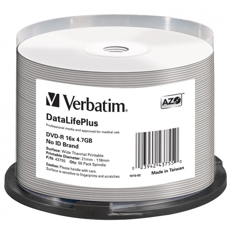 Verbatim DataLifePlus DVD-R 4,7GB, 16x thermal printable, spindel, 50kpl