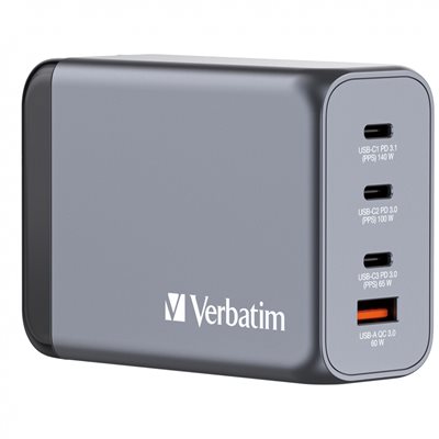 Verbatim 240W GaN-verkkovirtalaturi, 3x USB-C PD3.1, USB-A QC3.0, harmaa