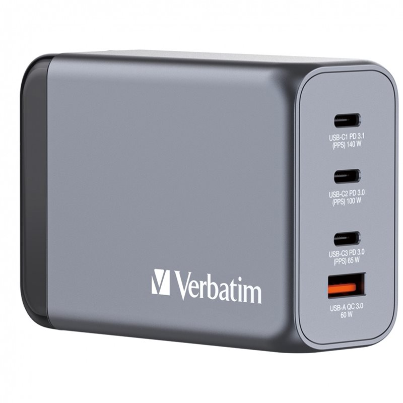 Verbatim 240W GaN-verkkovirtalaturi, 3x USB-C PD3.1, USB-A QC3.0, harmaa