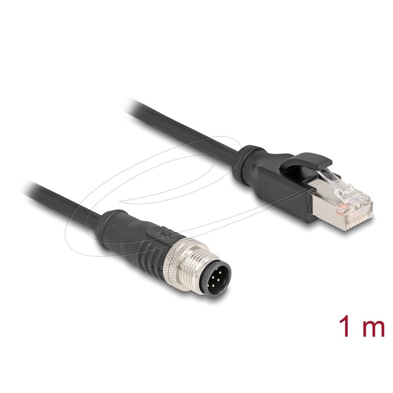 DeLock M12 A-koodattu 8-pin uros - RJ-45 Cat5e S/FTP uros -teollisuusverkkokaapeli, 1m, musta