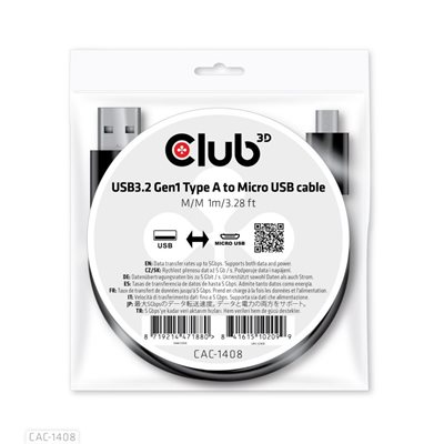 Club 3D 2.0 USB-A -> Micro-USB -kaapeli, 1m, musta