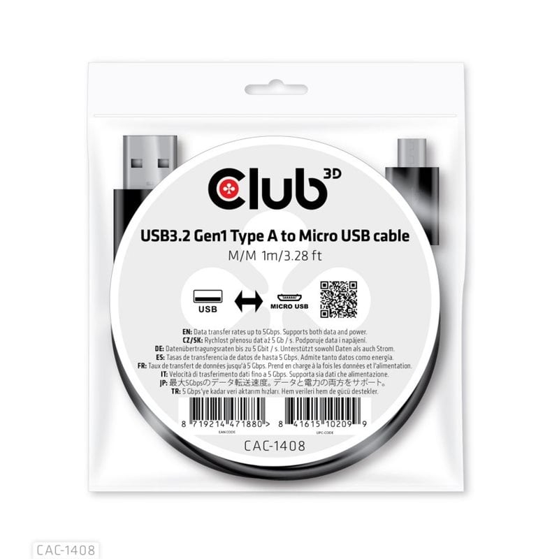 Club 3D USB 3.2 Gen1 Type-A to Micro USB -kaapeli, 1m, musta (Poistotuote! Norm. 9,90€)