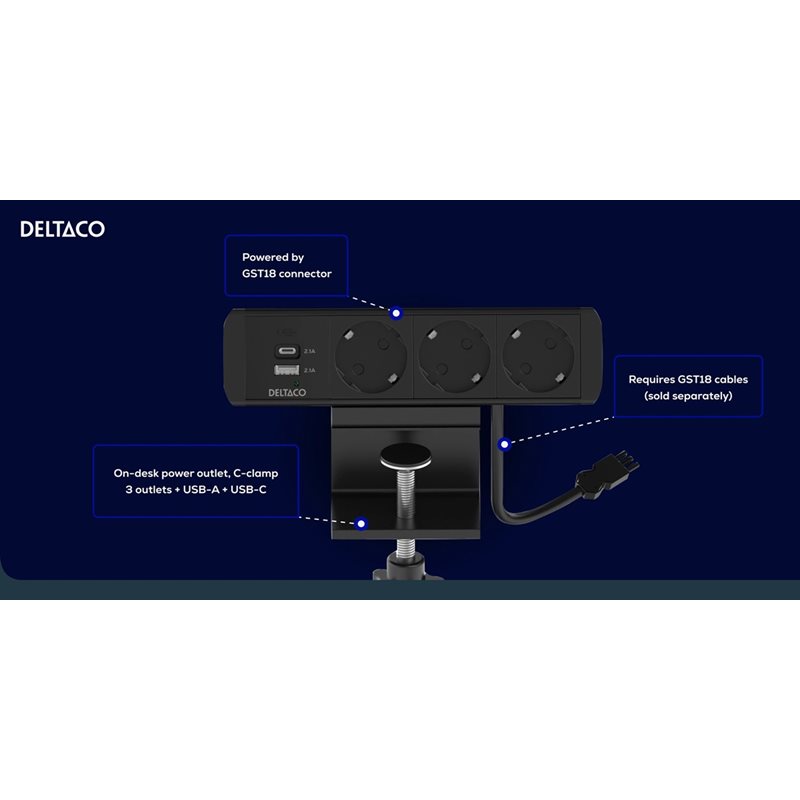 Deltaco Virtapaneeli pöydän päälle, 3x Schuko + USB A/C, GST18-liitännällä, musta - Kuva 2