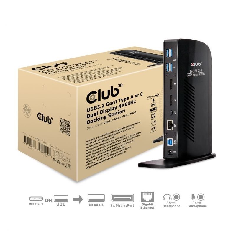 Club 3D 3.2 Gen1 USB-A+C 11-in-1 -telakka, musta