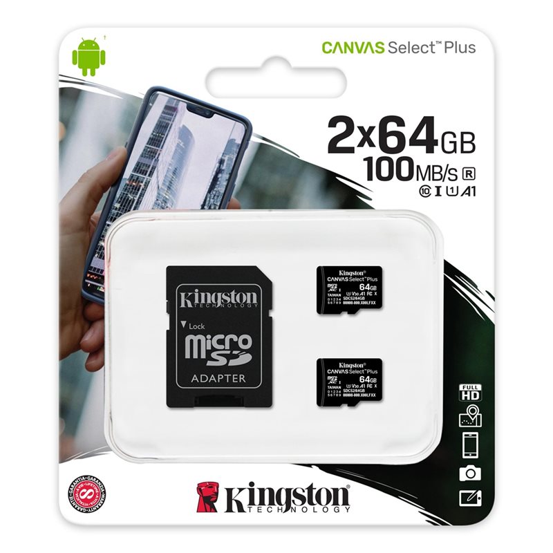 Kingston 64GB x2 Canvas Select Plus, microSDXC -muistikortti, UHS-I V10 U1 A1, 100 MB/s, SD-adapterilla