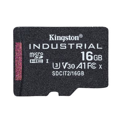 Kingston 16GB Industrial, microSDHC -muistikortti, TLC pSLC, UHS-1 V30 U3 A1, 100/80 MB/s, SD-adapterilla