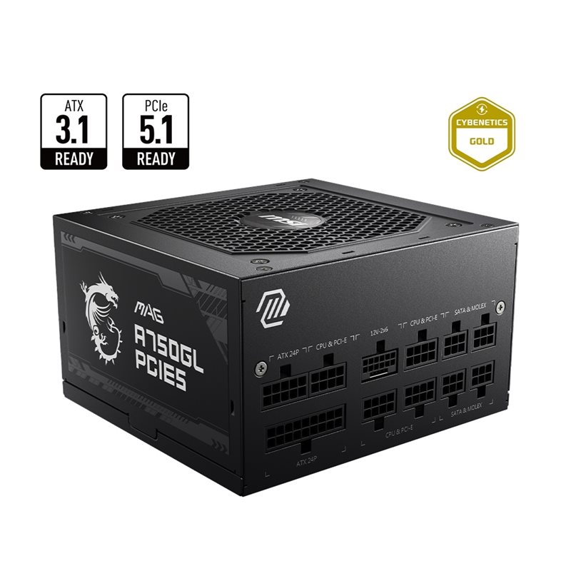 MSI (Outlet) 750W MAG A750GL PCIE5, ATX-virtalähde, 80 plus Gold, musta