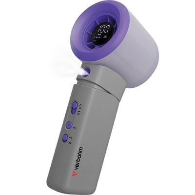 Verbatim Cool 'n' Go Aqua Breeze Handheld Fan, ladattava käsituuletin sumutustoiminnolla, violetti/harmaa