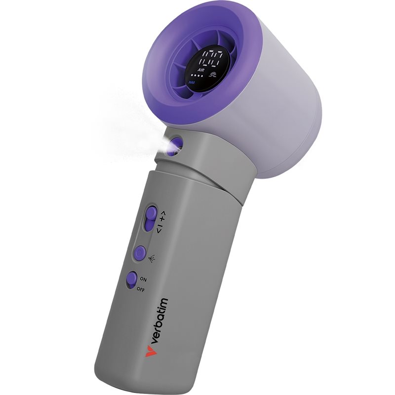 Verbatim Cool 'n' Go Aqua Breeze Handheld Fan, ladattava käsituuletin sumutustoiminnolla, violetti/harmaa