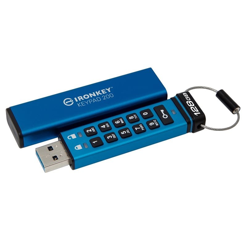 Kingston 128GB IronKey Keypad 200, laitesalattu 3.2 Gen1 USB-A -muistitikku, PIN-näppäimistöllä, sininen