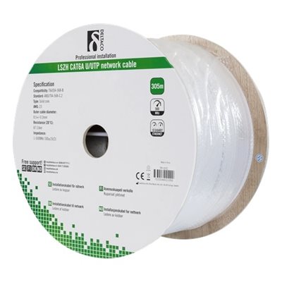 Deltaco U/UTP Cat6a asennuskaapeli, LSZH, 305m kela, valkoinen