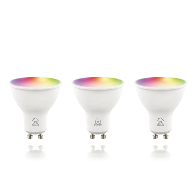 Deltaco Smart Home RGB-älylamppu, GU10, Wi-Fi, 5W, 470 lumenia, himmennettävä, valkoinen, 3kpl paketti