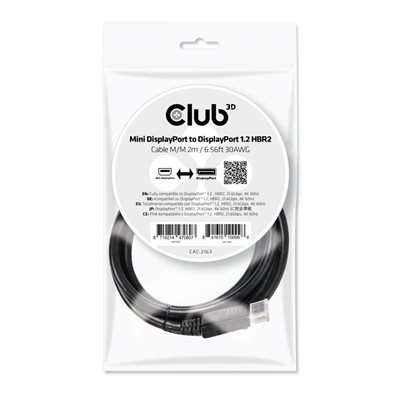 Club 3D Mini DisplayPort -> DisplayPort 1.2a -näyttökaapeli, HBR2, 4K60Hz, 2m, musta