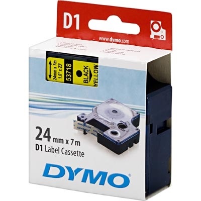 Dymo D1 merkkausteippi 24mm, nylon, keltainen/musta teksti, 7m