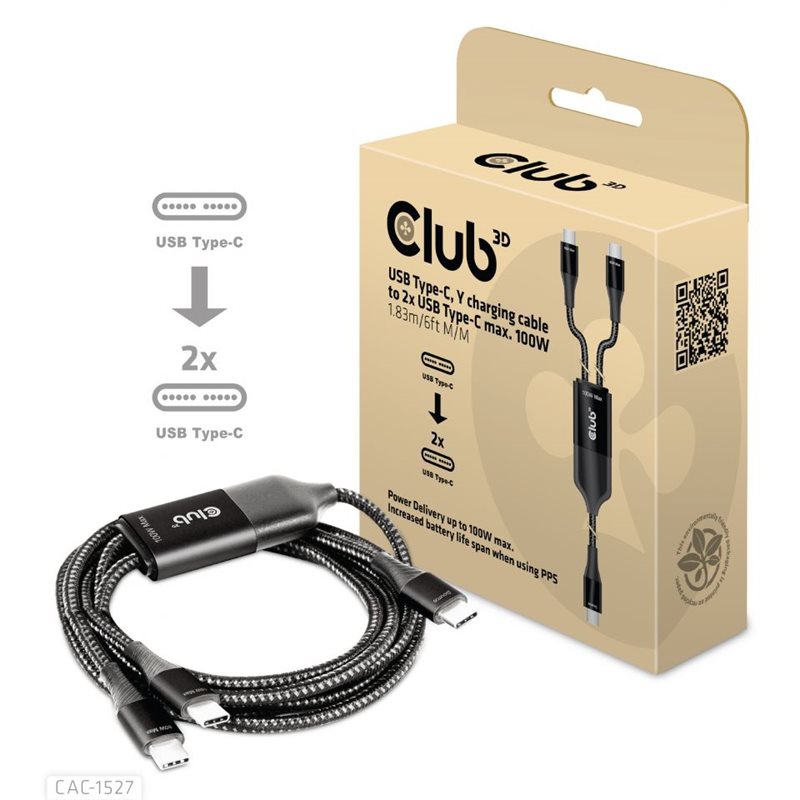 Club 3D USB-C Y-latauskaapeli, PD3.0 100W, 2m, musta