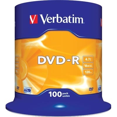Verbatim DVD-R, 16x, 4,7 GB/120 min, 100-pakkaus spindle, AZO
