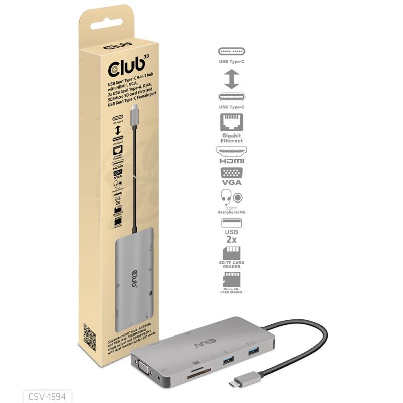 Club 3D 3.1 Gen1 USB-C 9-in-1 -telakointiasema, HDMI, VGA, 2x USB-A, RJ45, SD/mSD, audio, PD3.0 100W, harmaa