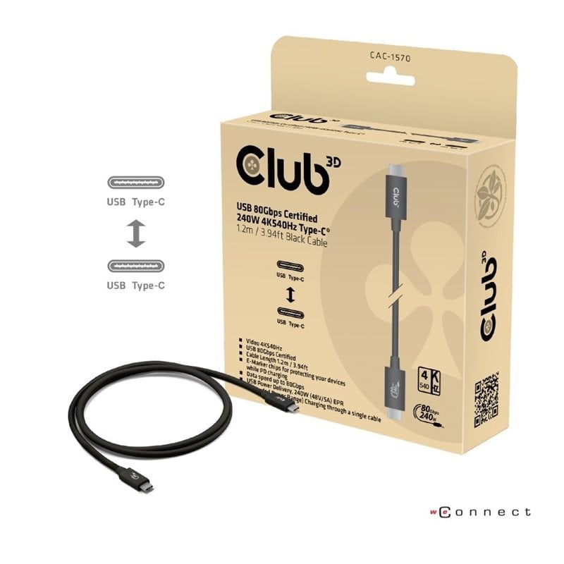 Club 3D USB4 80Gbps, PD240W, 4K540Hz USB-C -kaapeli, 1,2m, musta