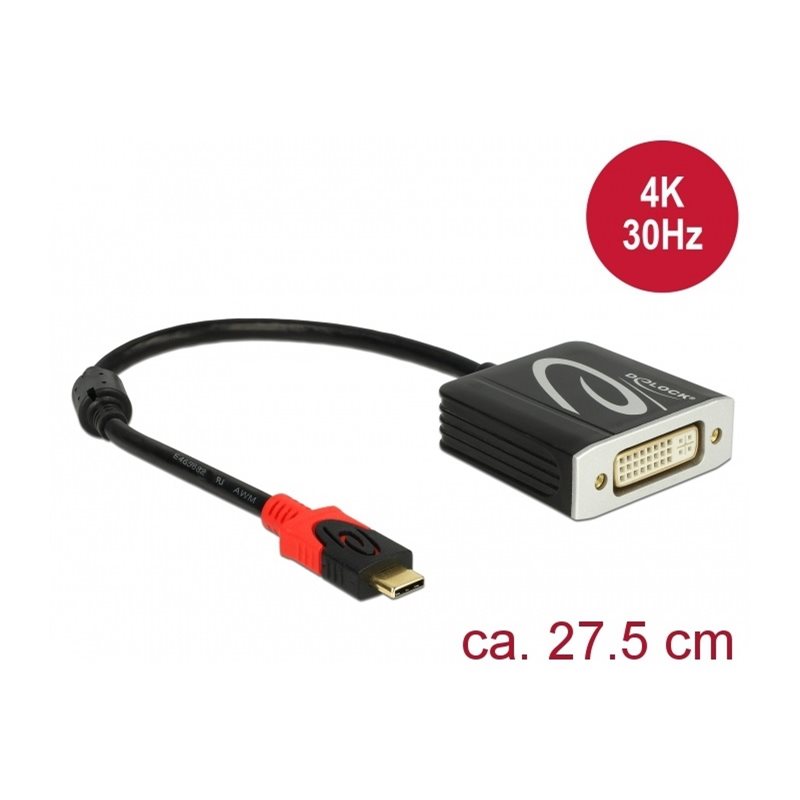 DeLock USB Type-C uros -> DVI naaras -adapteri, DP Alt Mode, 4K 30Hz, 20cm, musta