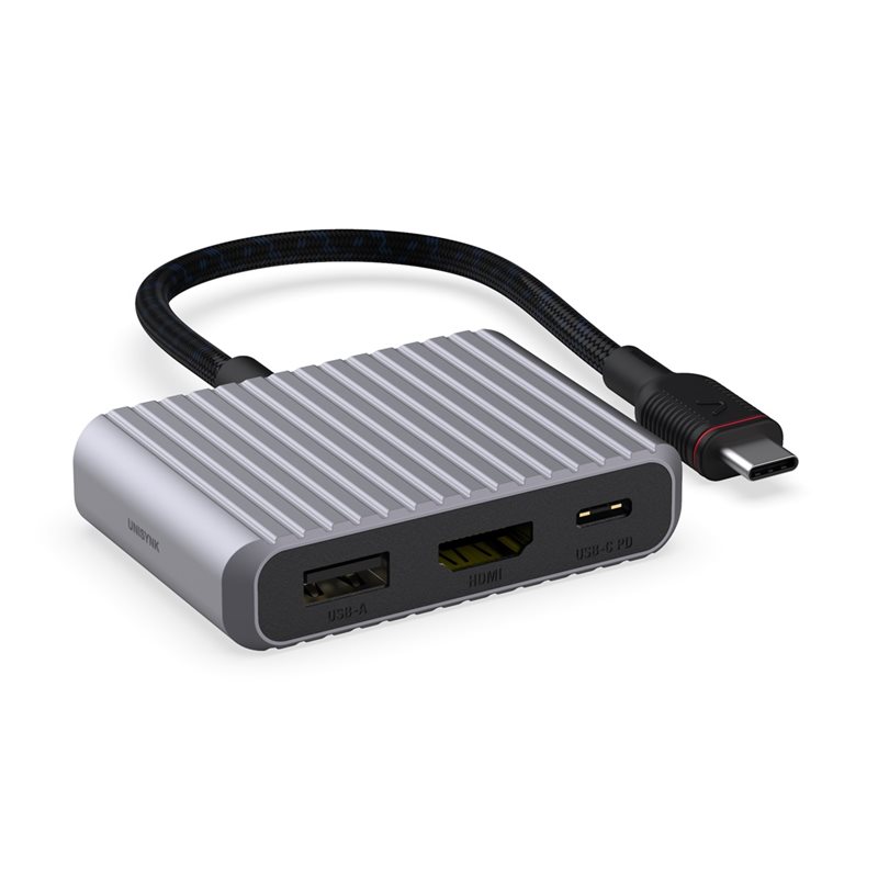 Unisynk 3-porttinen USB-C hubi, HDMI 4K60, USB-A, USB-C PD 100W, harmaa