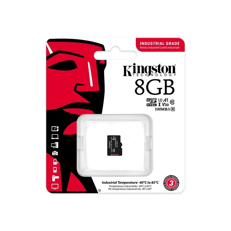 Kingston 8GB Industrial, microSDHC -muistikortti, TLC pSLC, UHS-1 V30 U3 A1, 100/80 MB/s - Kuva 2