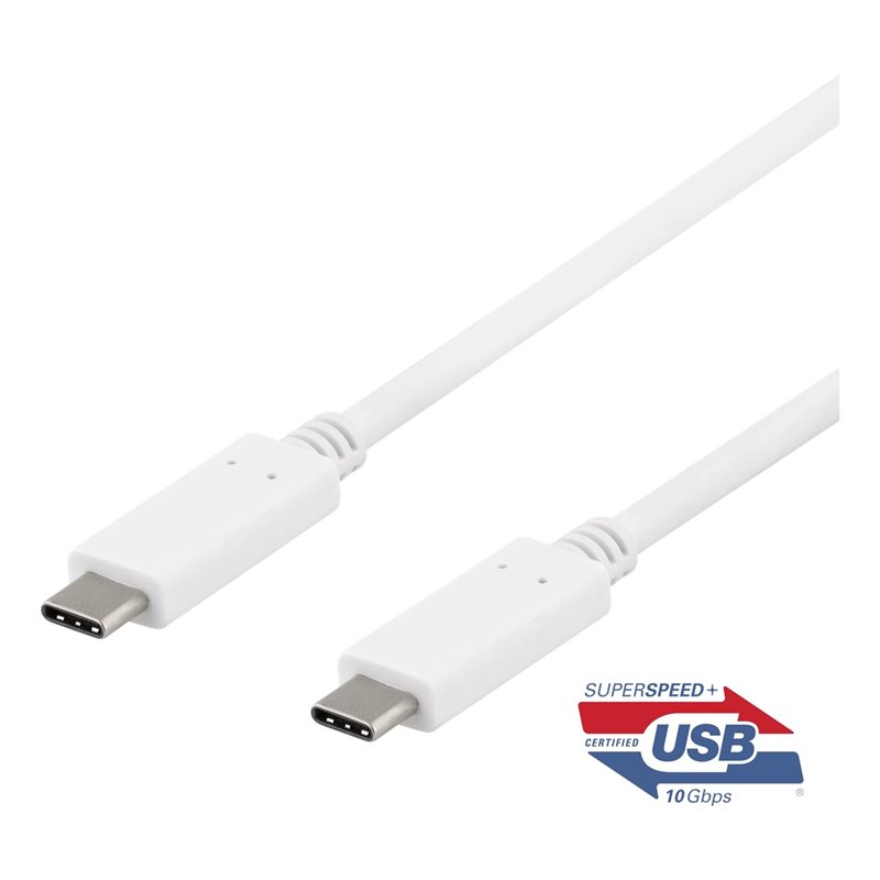 Deltaco USB-C 3.1 Gen 2 -kaapeli, 10Gbps, PD3.0 5A 100W, 0,5m, valkoinen