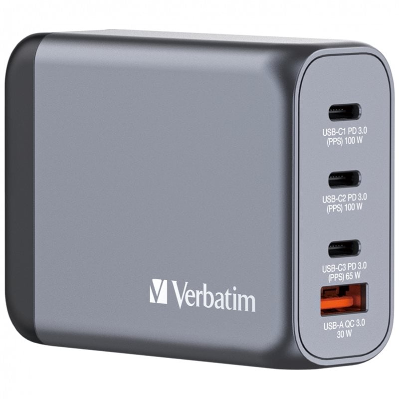 Verbatim 100W GaN-verkkovirtalaturi, 3x USB-C PD3.0, USB-A QC3.0, harmaa