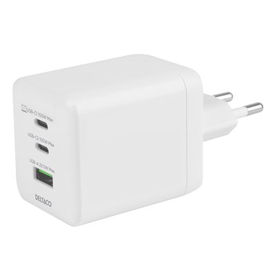 Deltaco 100W GaN-verkkovirtalaturi, 2x USB-C PD, USB-A, valkoinen