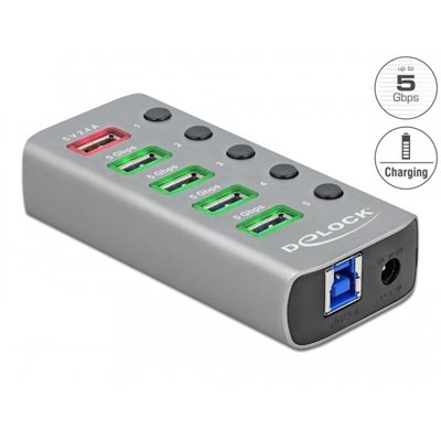 DeLock 5-porttinen 3.2 Gen1 USB-A -hubi, virransyötöllä, 0,8m, harmaa