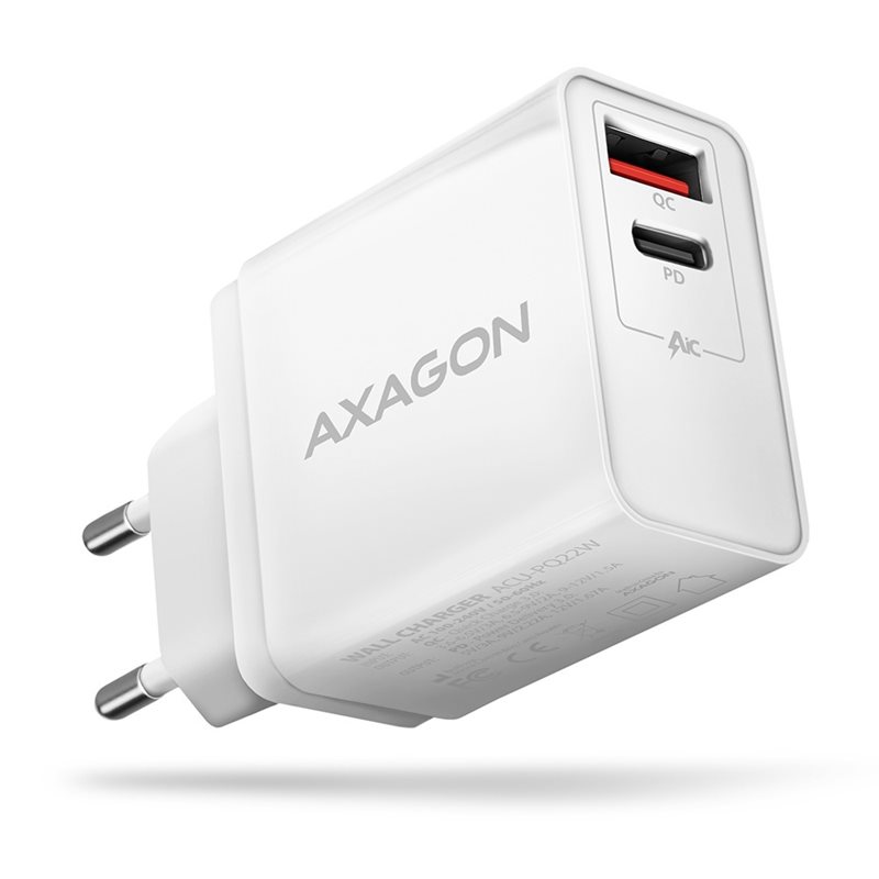 AXAGON 22W verkkovirtalaturi, USB-C + USB-A, PD3/QC3, valkoinen