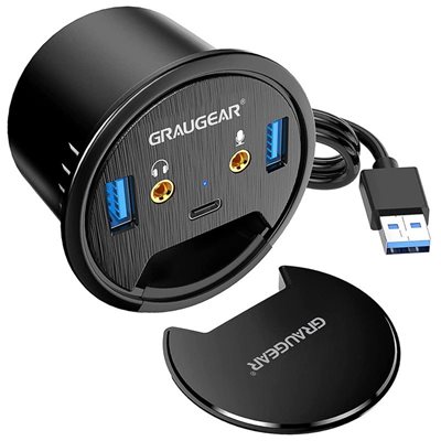 GRAUGEAR 3.2 Gen1 USB-A -hubi, 2x USB-A + USB-C + 2x 3,5mm, pöytään upotettava, musta