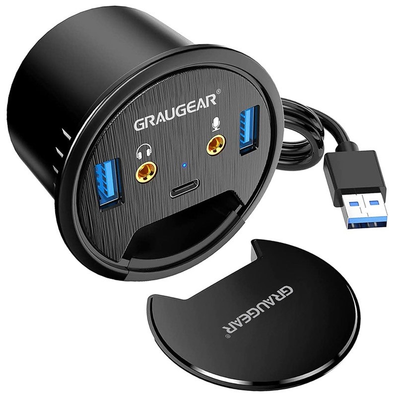 GRAUGEAR USB 3.0 In-Desk HUB with Audio Ports, pöytään upotettava USB-hubi audioporteilla, musta