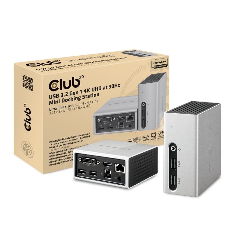 Club 3D 3.2 Gen1 USB-A 8-in-1 -telakka, hopea/musta