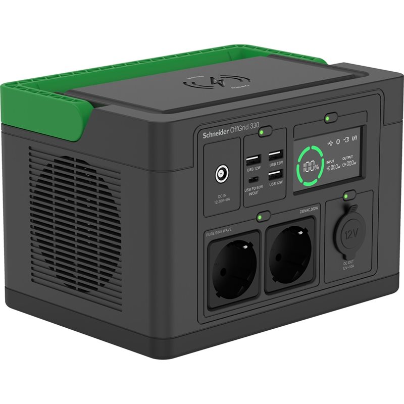 APC OffGrid 332 Wh, kannettava sähköasema, 2x Schuko, 3x USB-A 12W, USB-C PD 60W, musta/vihreä