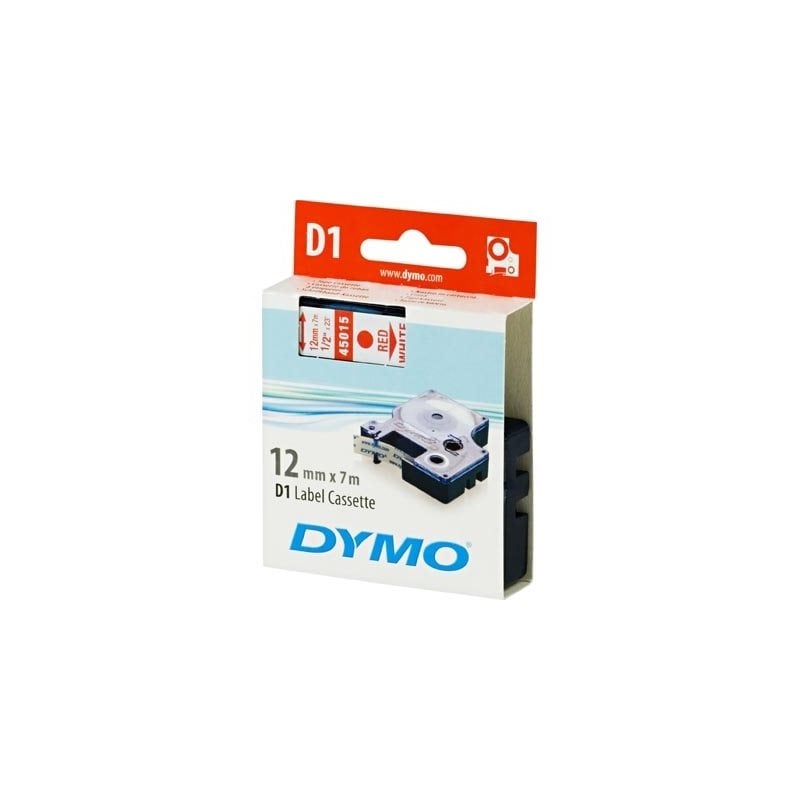 Dymo D1 merkkausteippi, 12mm, valkoinen/punainen teksti, 7m - 45015