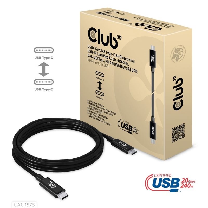 Club 3D USB4-C Gen2x2 -kaapeli, 20Gbps, PD3.1 5A 240W, 2m, musta
