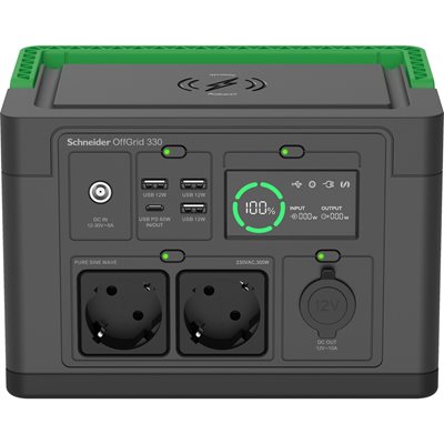 APC OffGrid 332 Wh, kannettava sähköasema, 2x Schuko, 3x USB-A 12W, USB-C PD 60W, musta/vihreä